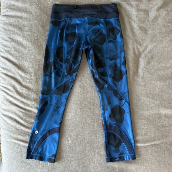 463. Like New (Worn Once) - Lululemon Blue Crop With Flowers (aprox 22” inseam) - Picture 2 of 3
